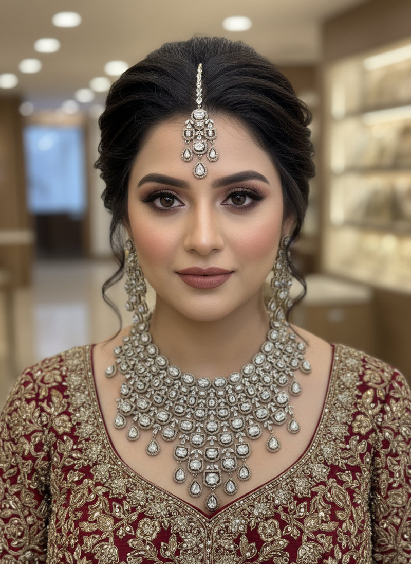 American Diamond Gold Necklace Set with Earrings & Tikka