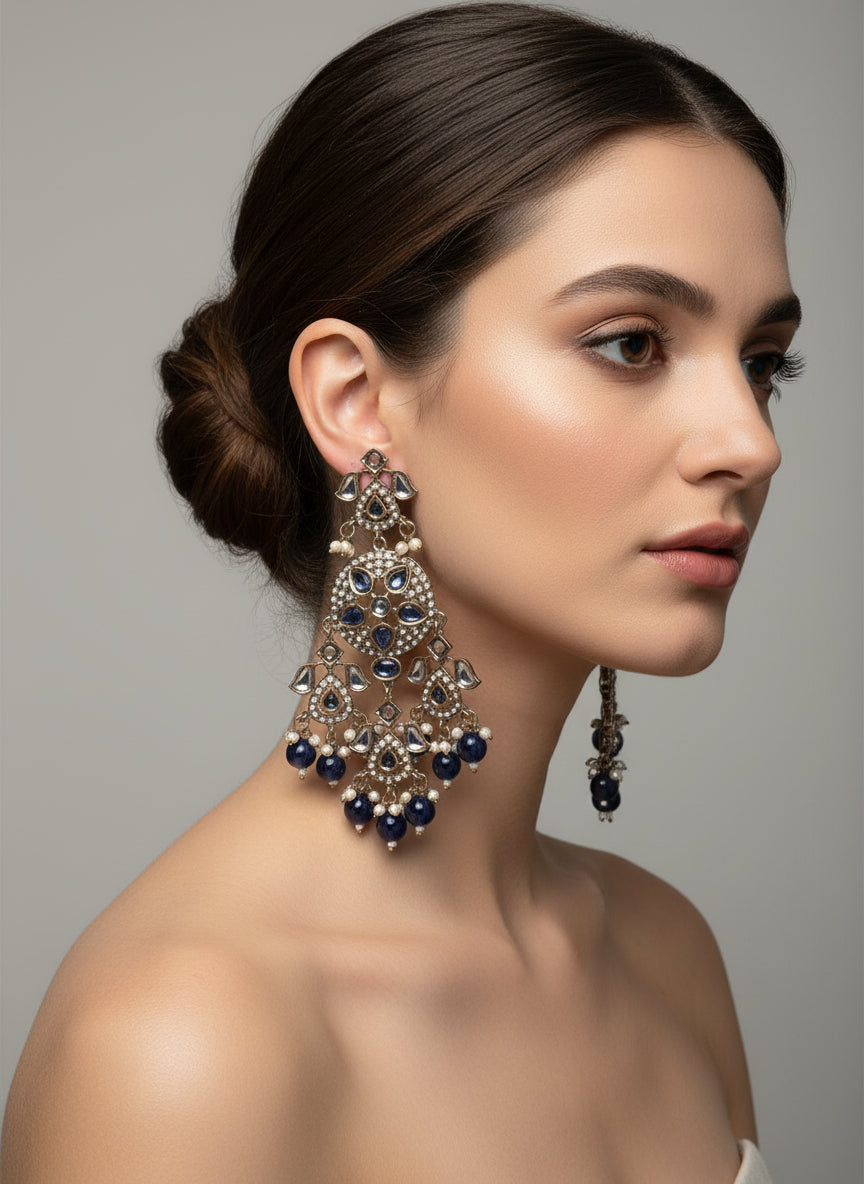 Gold Earrings with Navy & Kundan Stones