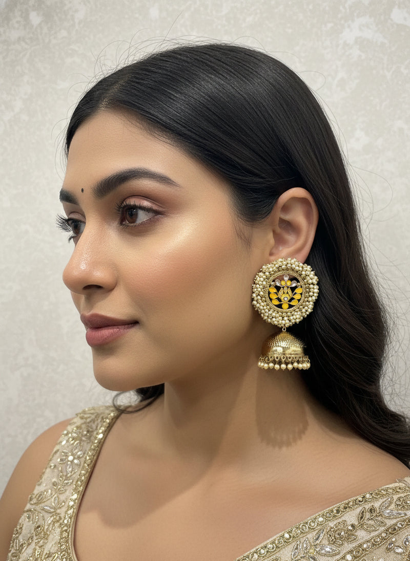 Antique Gold Jhumki with Pearls & Yellow Meenakari Work