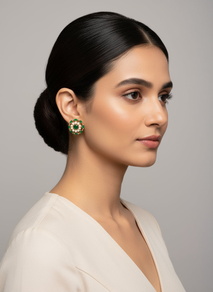 Gold Tops with Green Stones & Pearls