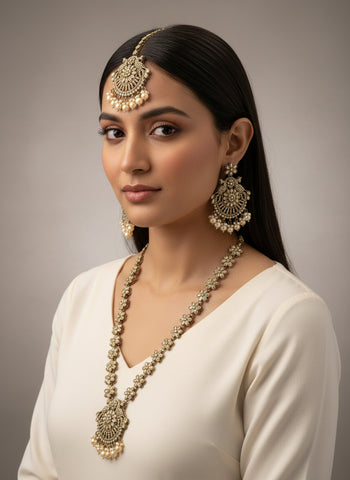 Gold A.D Necklace Set with Topaz Stones, Earrings & Tika