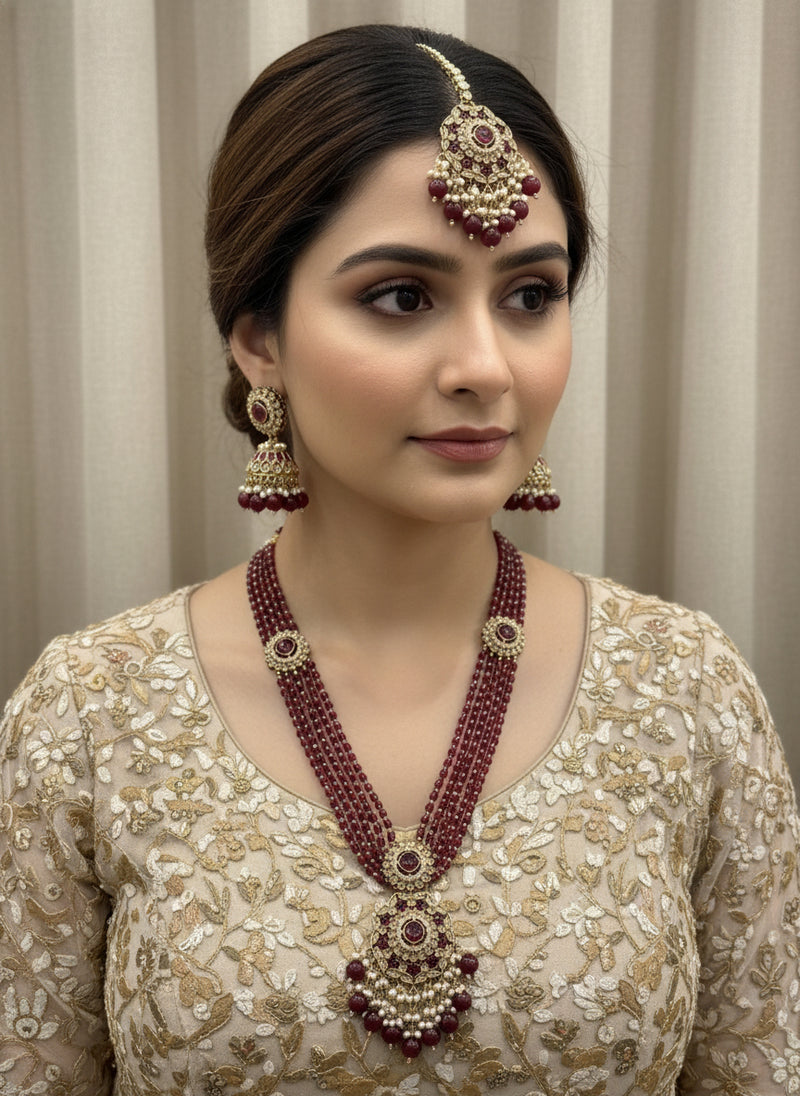 Long Haar Maroon Set with Earrings & Tika