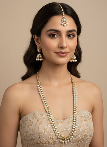 Gold A.D Necklace Set with Topaz Stones, Earrings & Tika
