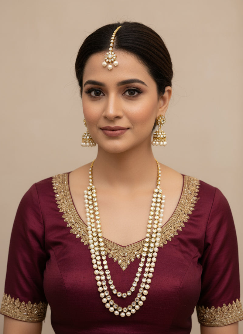 Long Haar Kundan Set with Jhumki & Tika