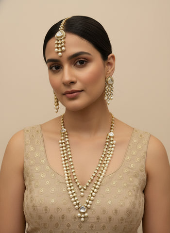 Gold A.D Necklace Set with Topaz Stones, Earrings & Tika