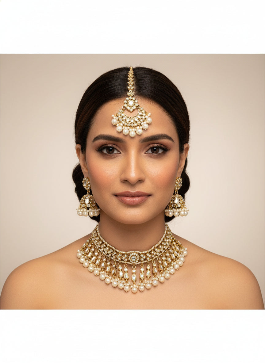 Kundan Choker Set with Jhumki & Tika