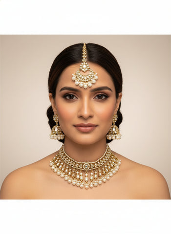 Gold A.D Necklace Set with Topaz Stones, Earrings & Tika