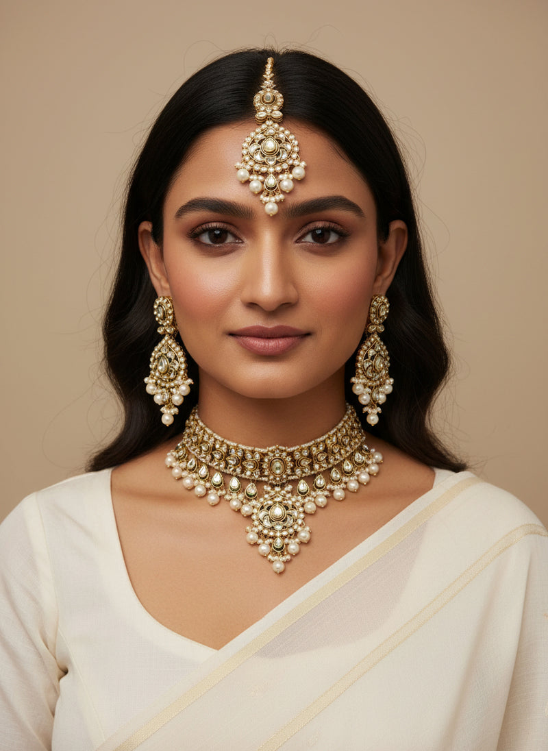 Kundan Choker Set with Earrings & Tika