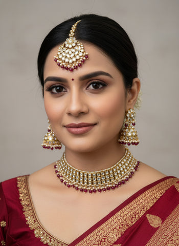 Gold A.D Necklace Set with Topaz Stones, Earrings & Tika