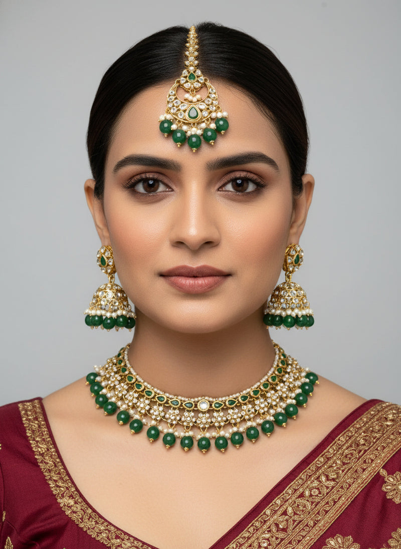 Green Kundan Set with Jhumki & Tika