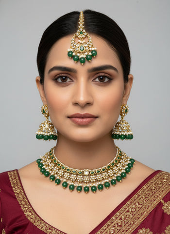 Gold A.D Necklace Set with Topaz Stones, Earrings & Tika