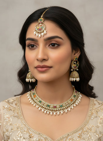 Gold A.D Necklace Set with Topaz Stones, Earrings & Tika