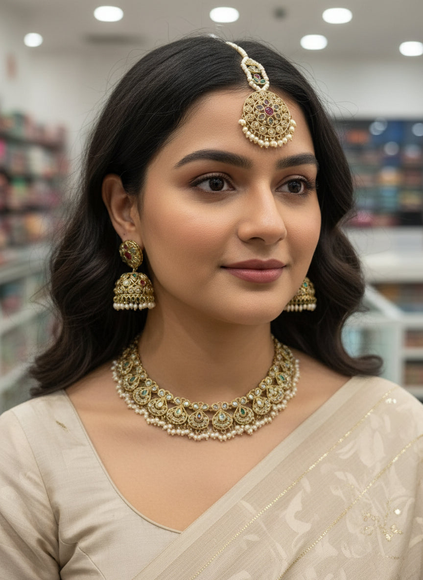 Multi-Colored Necklace with Jhumki & Tika