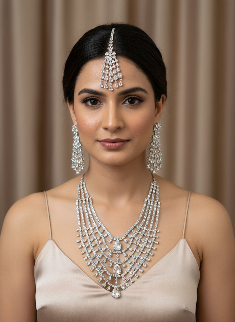 Long Layered Silver A.D Set with Earrings & Tika