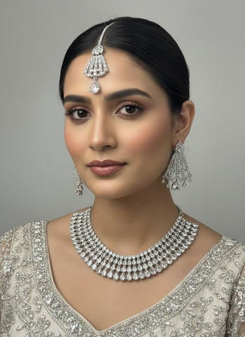 Gold A.D Necklace Set with Topaz Stones, Earrings & Tika