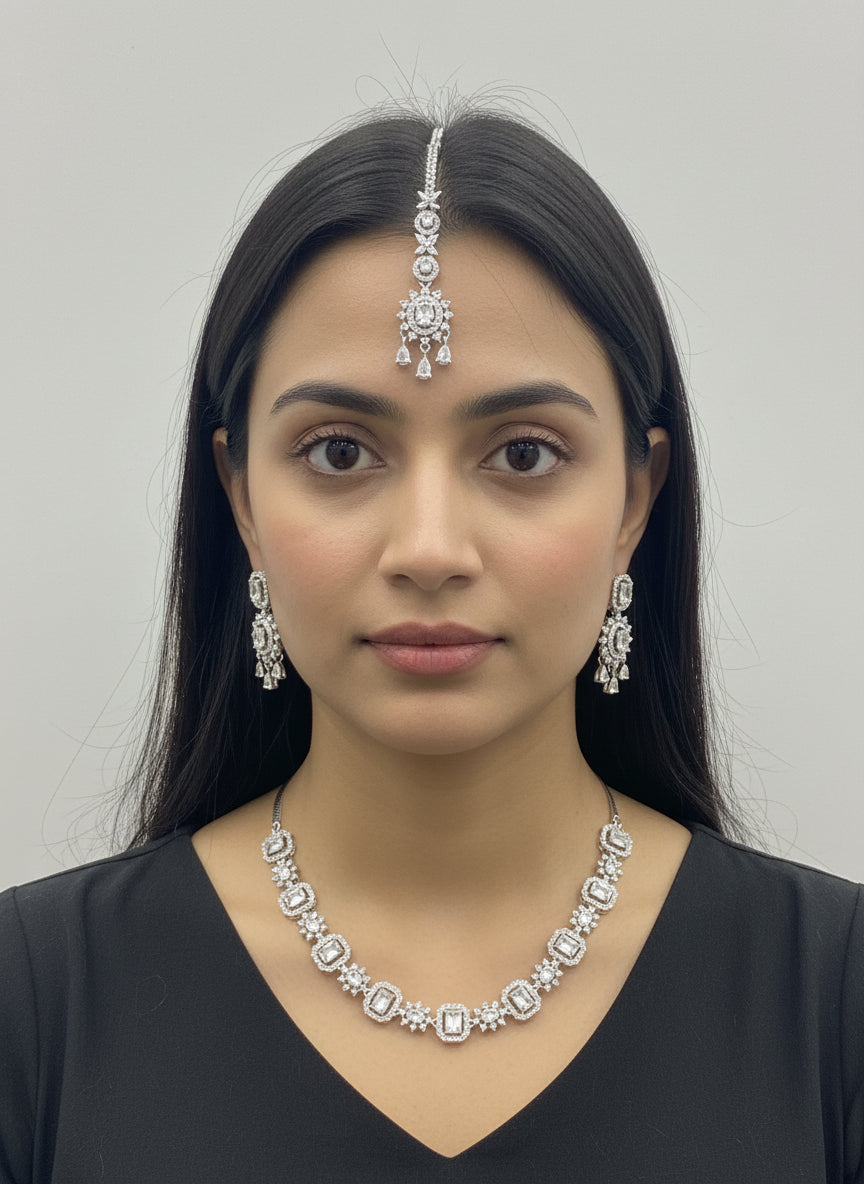 Silver A.D Set with Earrings & Tika