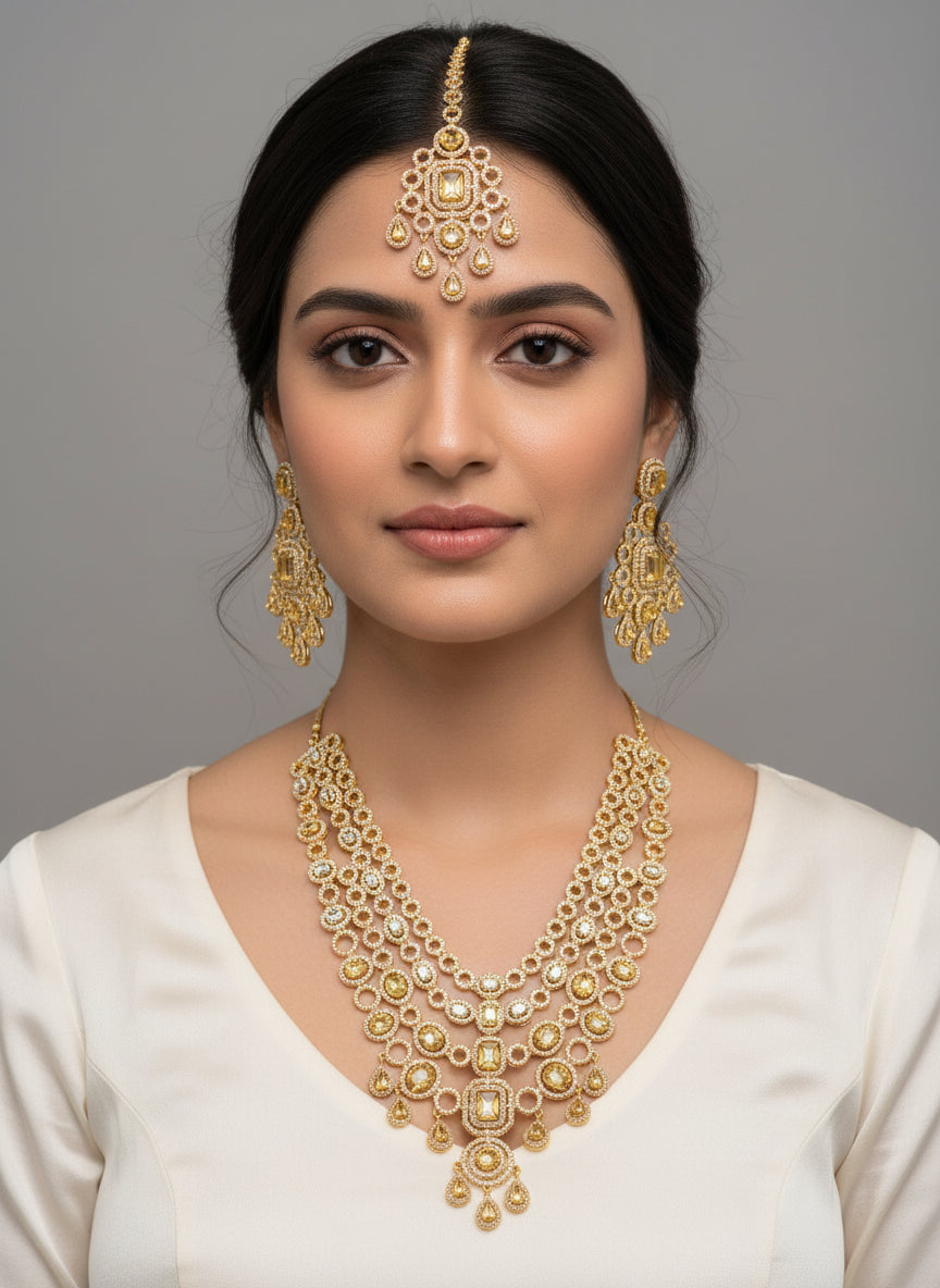 Gold A.D Necklace Set with Topaz Stones, Earrings & Tika