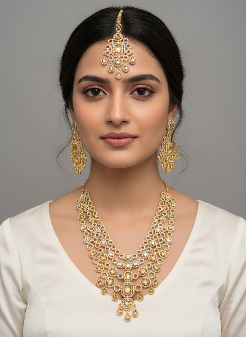 Gold A.D Necklace Set with Topaz Stones, Earrings & Tika
