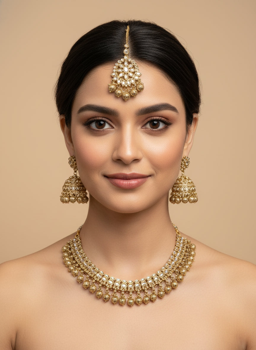 Gold LCT Necklace Set with Jhumki & Tika