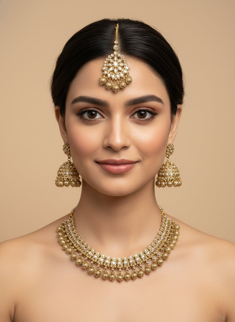 Gold LCT Necklace Set with Jhumki & Tika