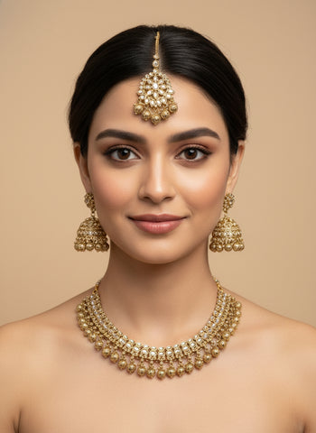 Gold A.D Necklace Set with Topaz Stones, Earrings & Tika