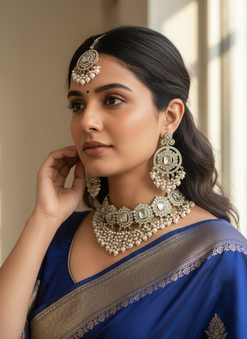 Gold Pearl Choker Necklace Set with Earrings & Tika