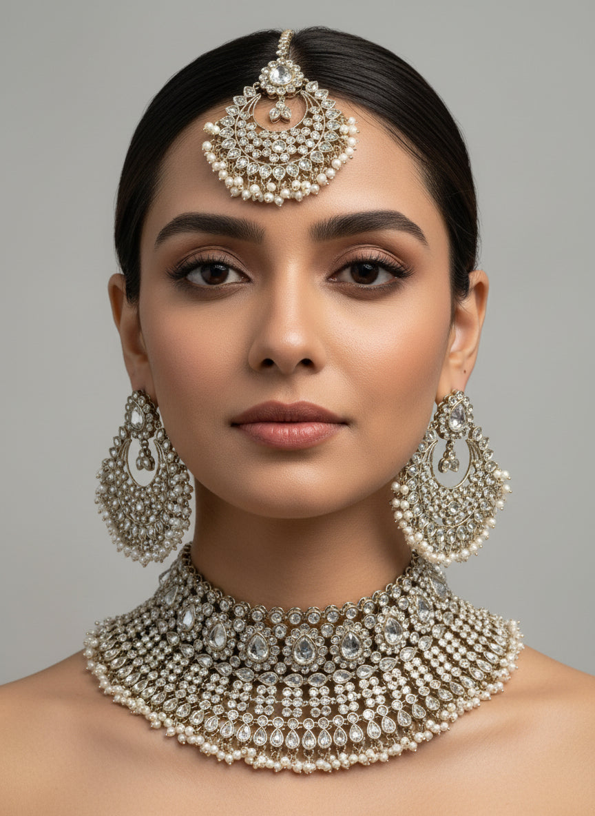Gold Choker Set with Earrings and Tika