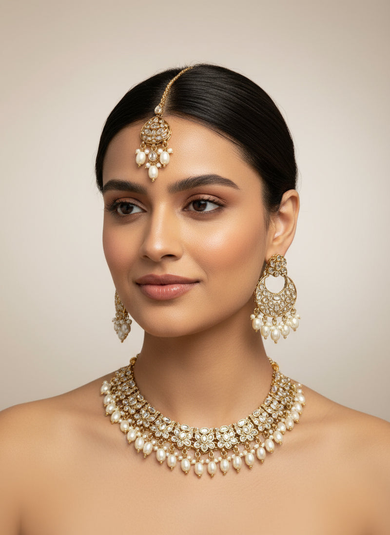 Gold Necklace Set with White Stones & Pearls
