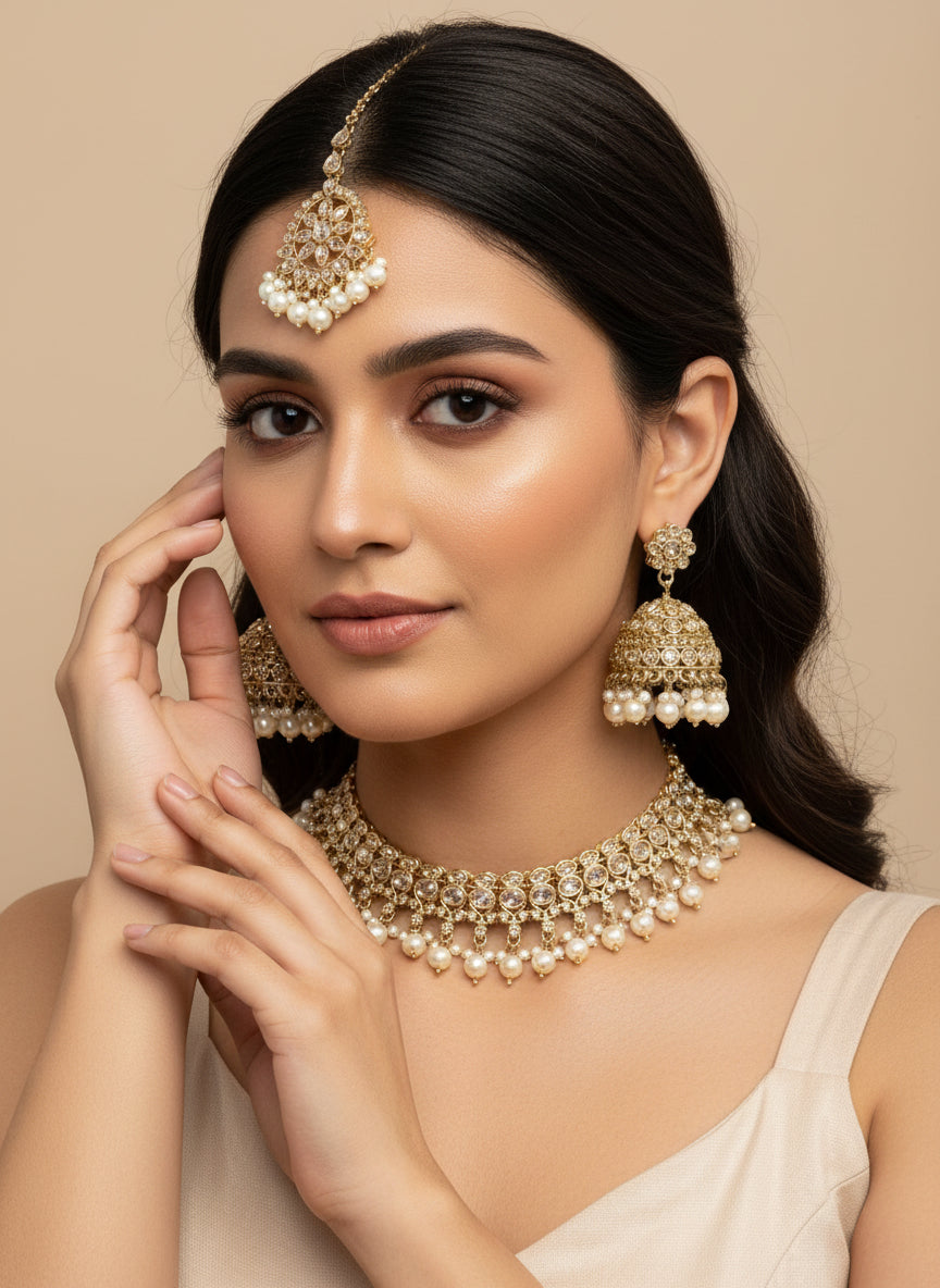 Gold Necklace Set with Lct Stones & Pearls