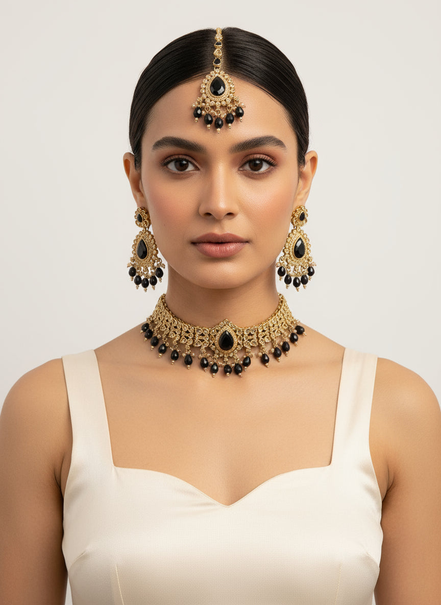 Gold Black LCT Choker Set with Earrings and Tika