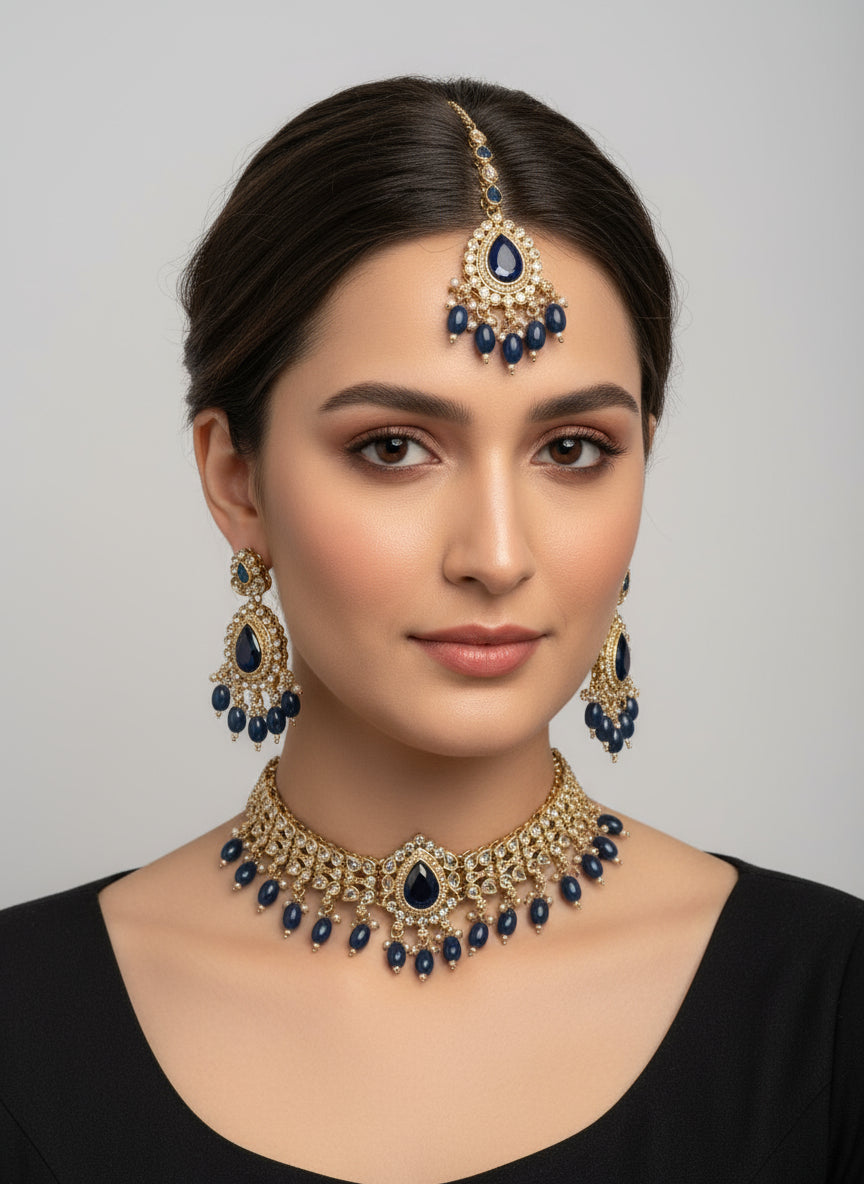 Gold Teal LCT Choker Set with Earrings and Tika