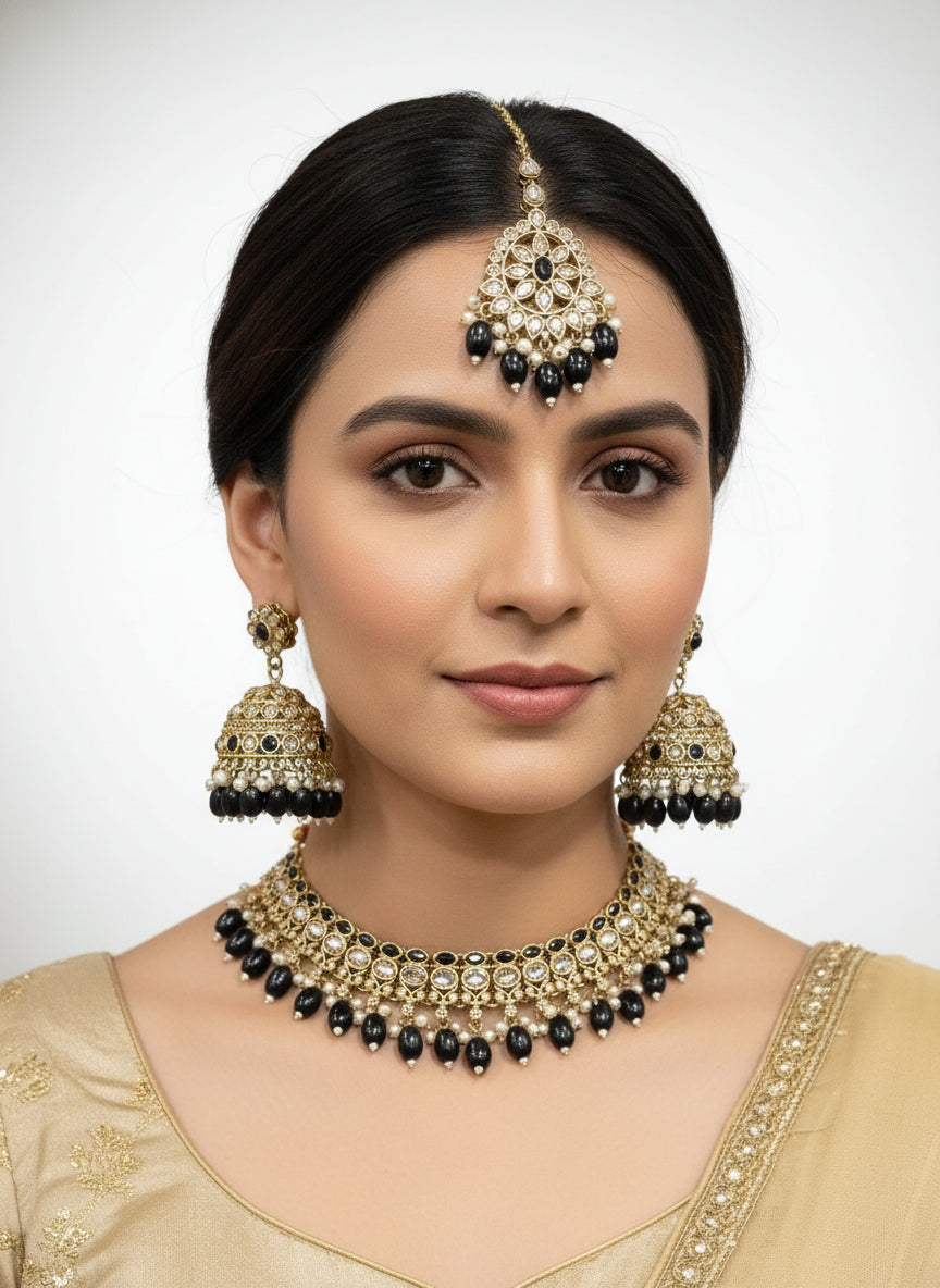 Gold Black LCT Set with Earrings and Tika