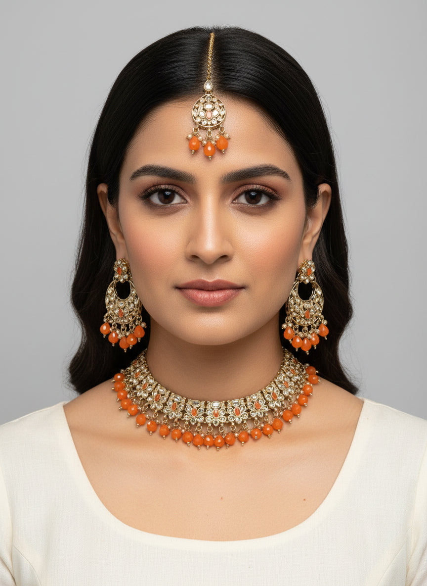 Gold Orange LCT Set with Earrings and Tika
