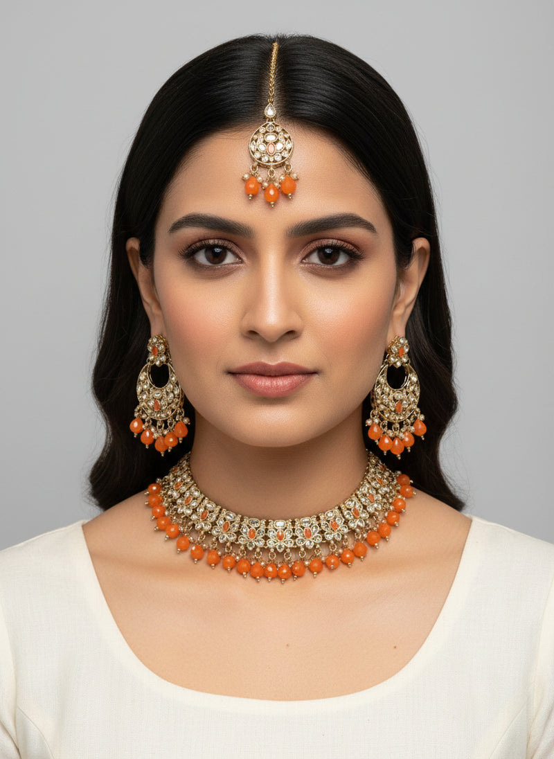 Gold Orange LCT Set with Earrings and Tika