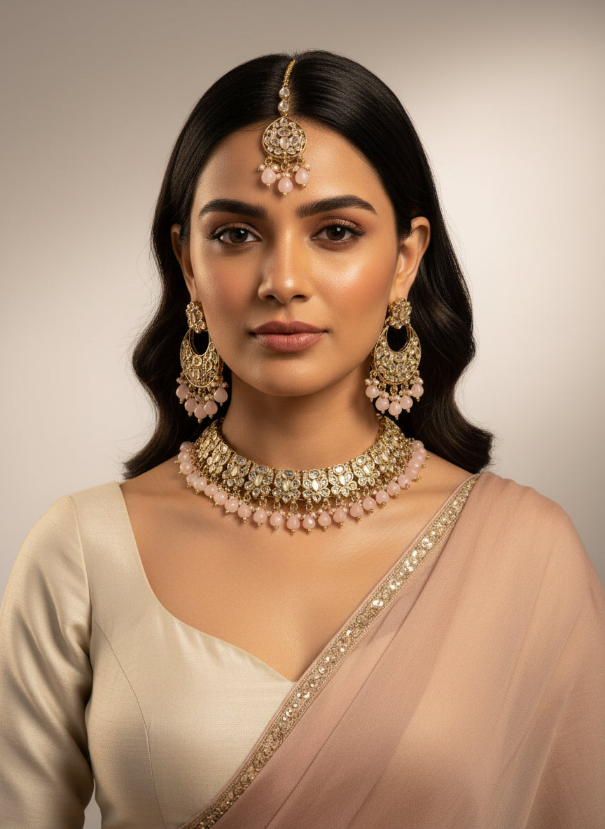 Gold Peach LCT Set with Earrings and Tika