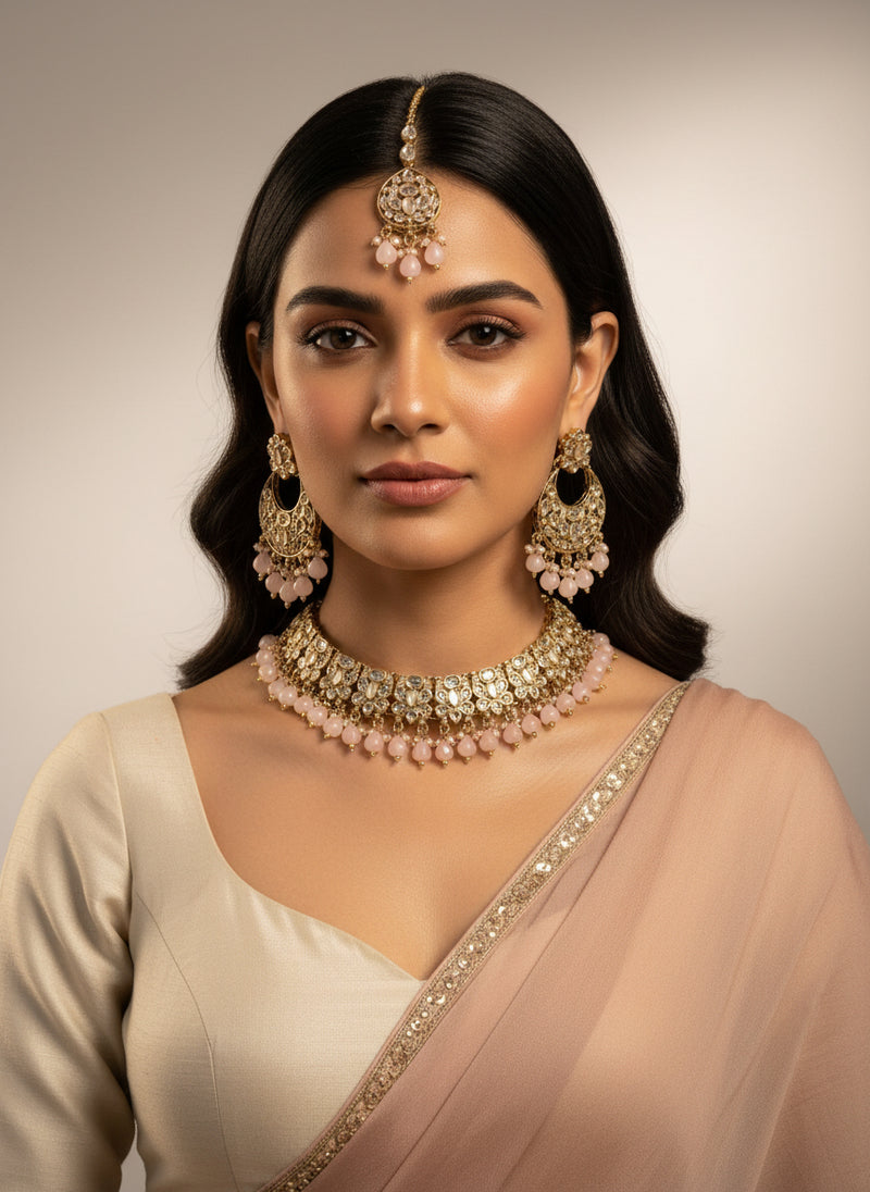 Gold Peach LCT Set with Earrings and Tika