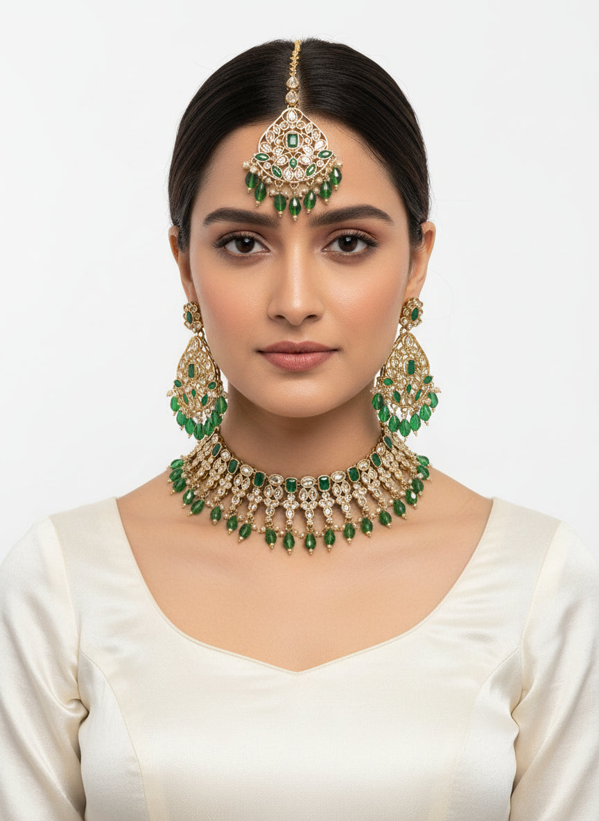 Gold Green LCT Set with Earrings and Tika