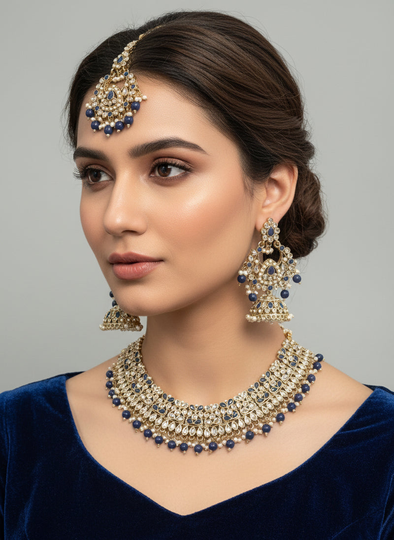 Navy Polki Set with Pearls, Tika, and Earrings