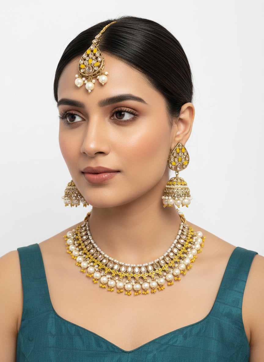 Yellow LCT Stone & Pearl Set with Jhumki and Tika