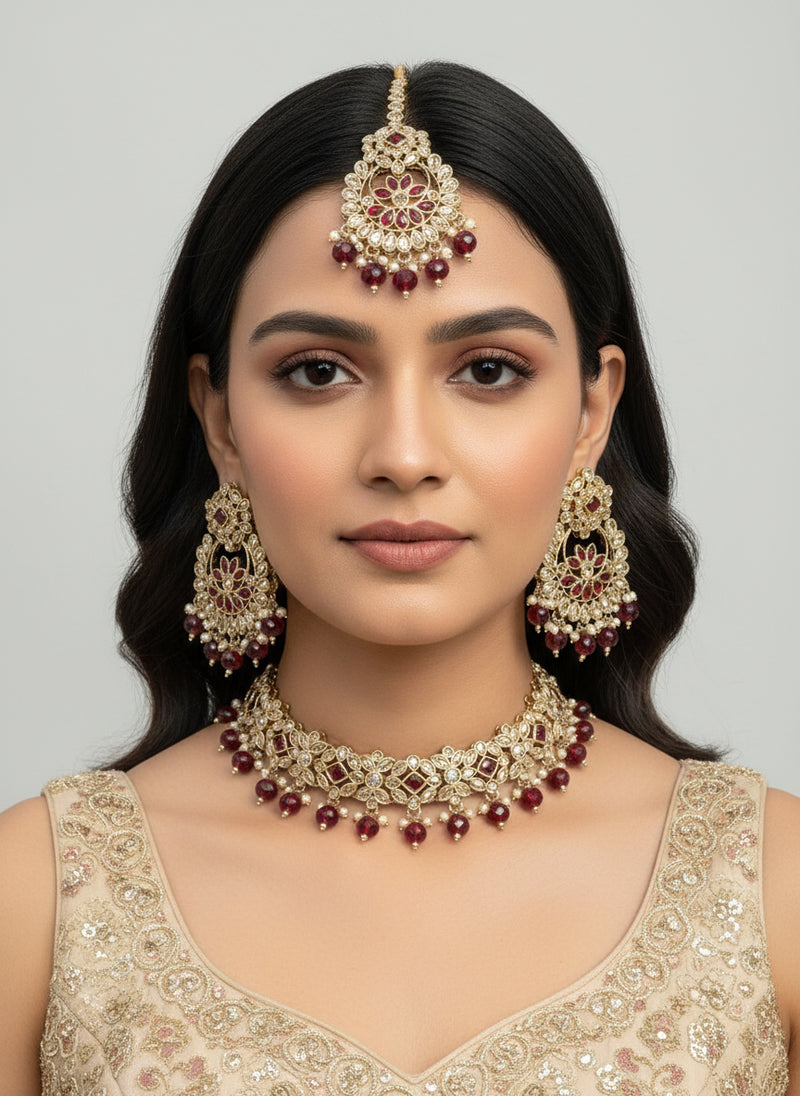 Maroon Choker with LCT Stones, Earrings, and Tika