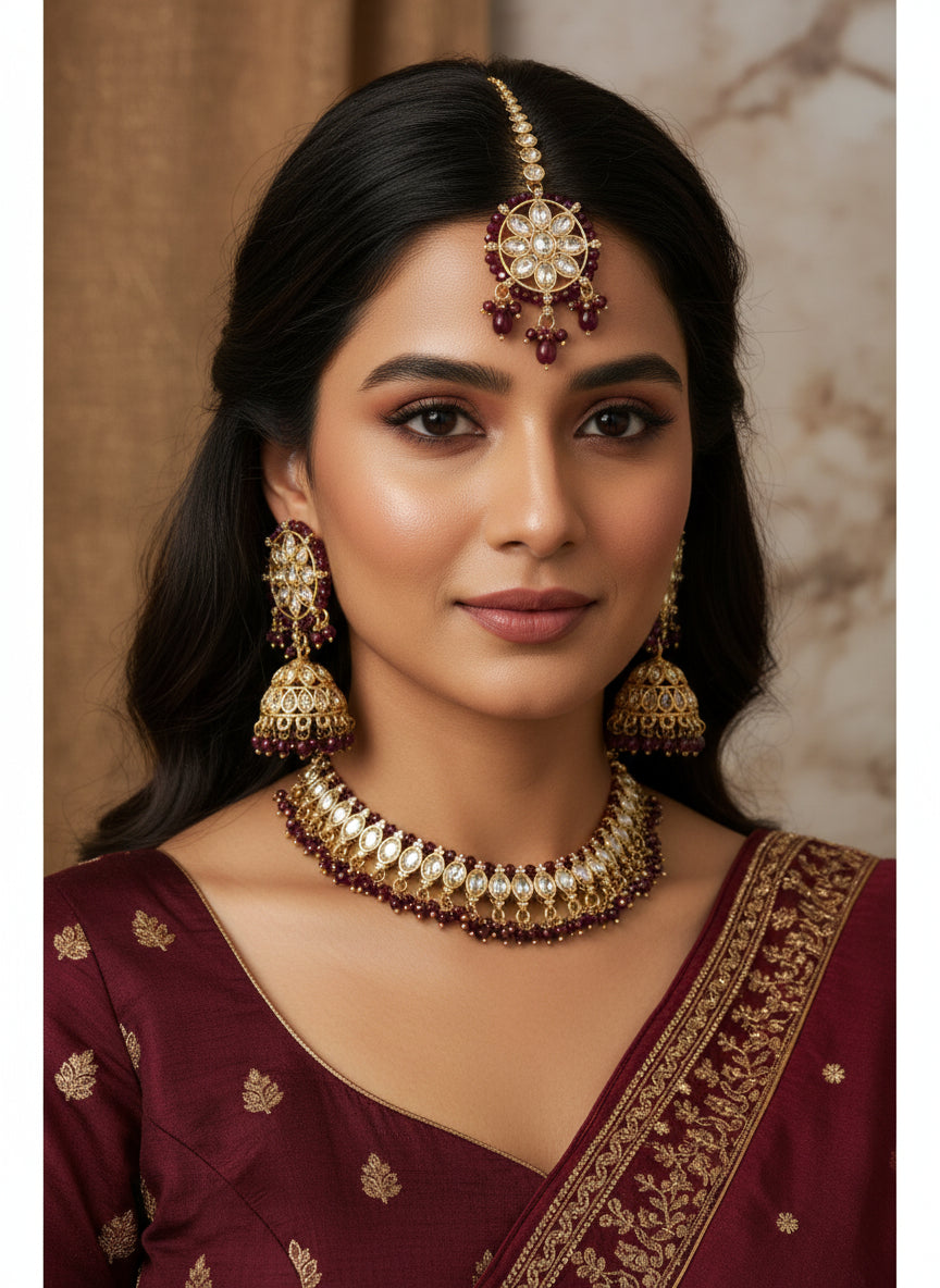 Maroon Choker with LCT Stones, Earrings, and Tika