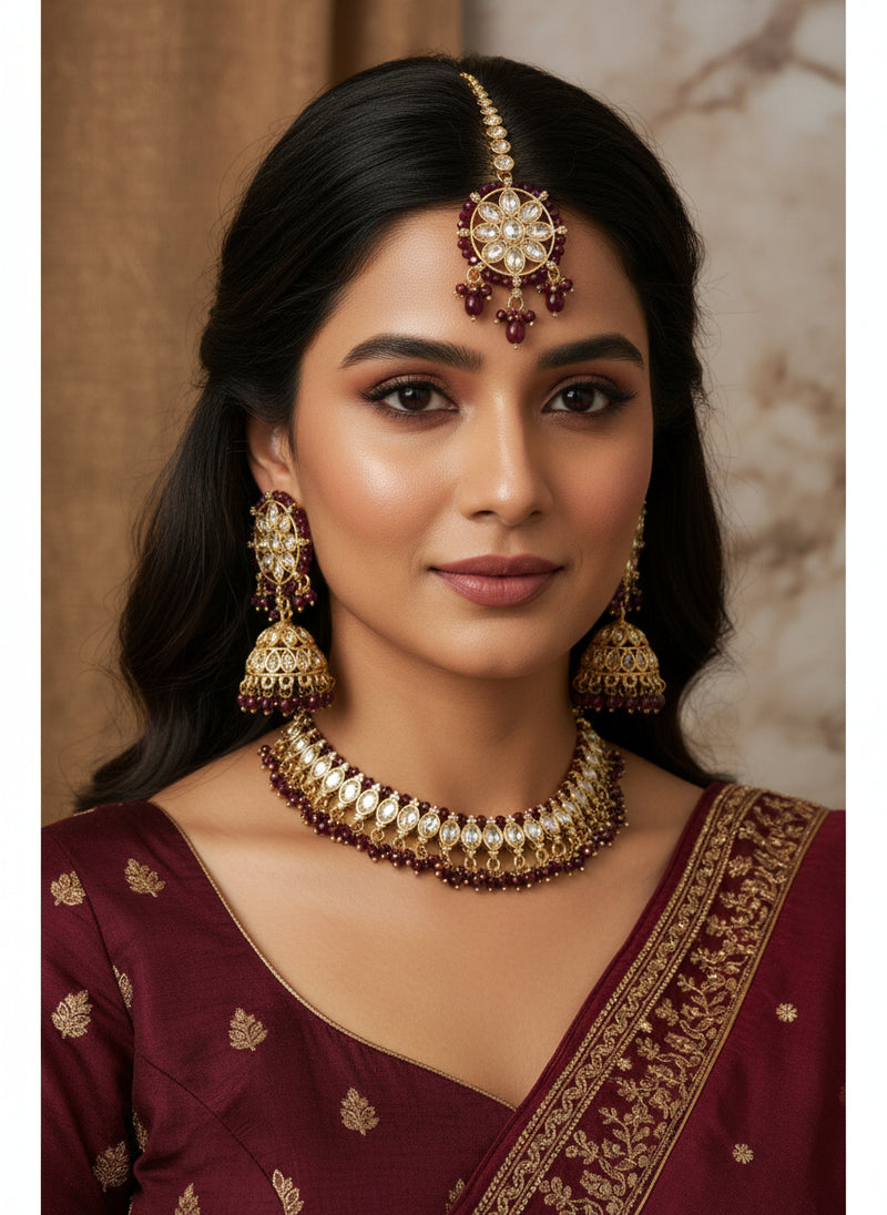 Maroon Choker with LCT Stones, Earrings, and Tika