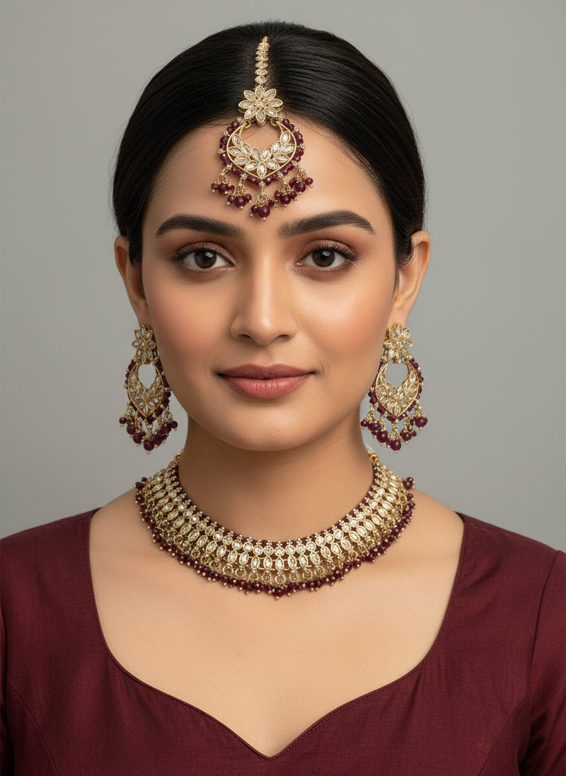 Maroon Choker with LCT Stones, Earrings, and Tika