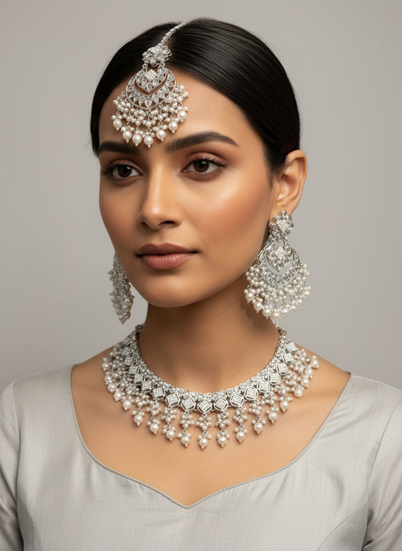 Silver Set with Pearls, Earrings, and Tika