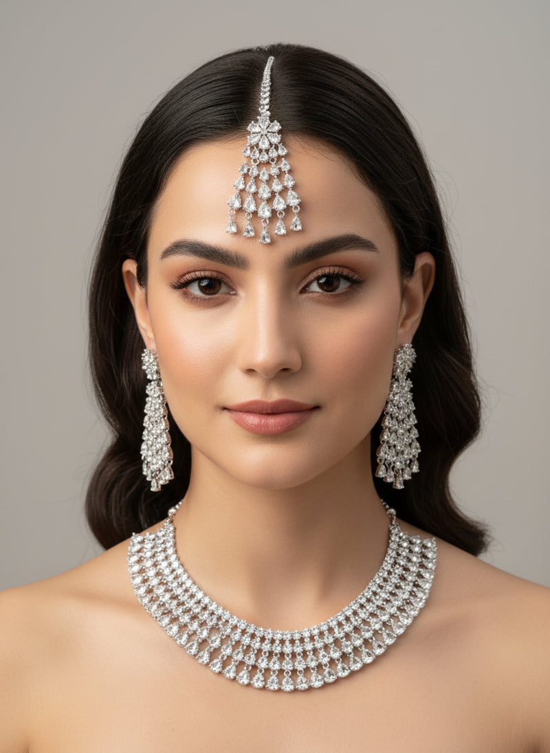 Silver A.D Set with Earrings and Tika