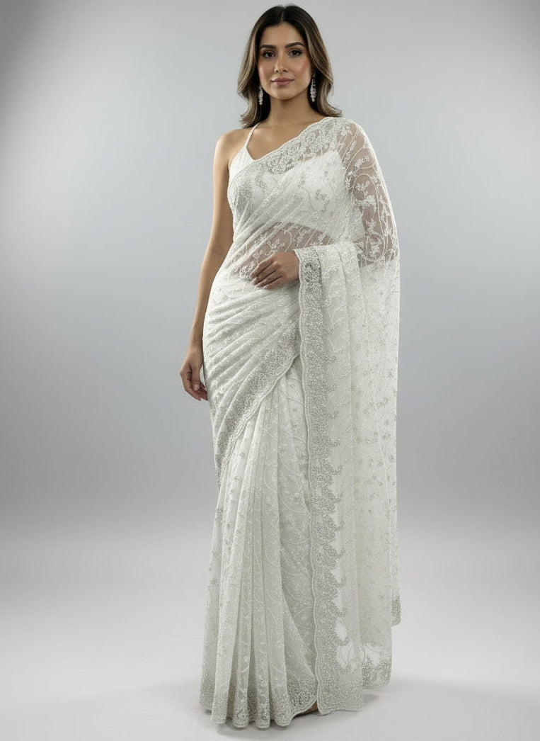 White Georgette Saree with Silver Embroidery
