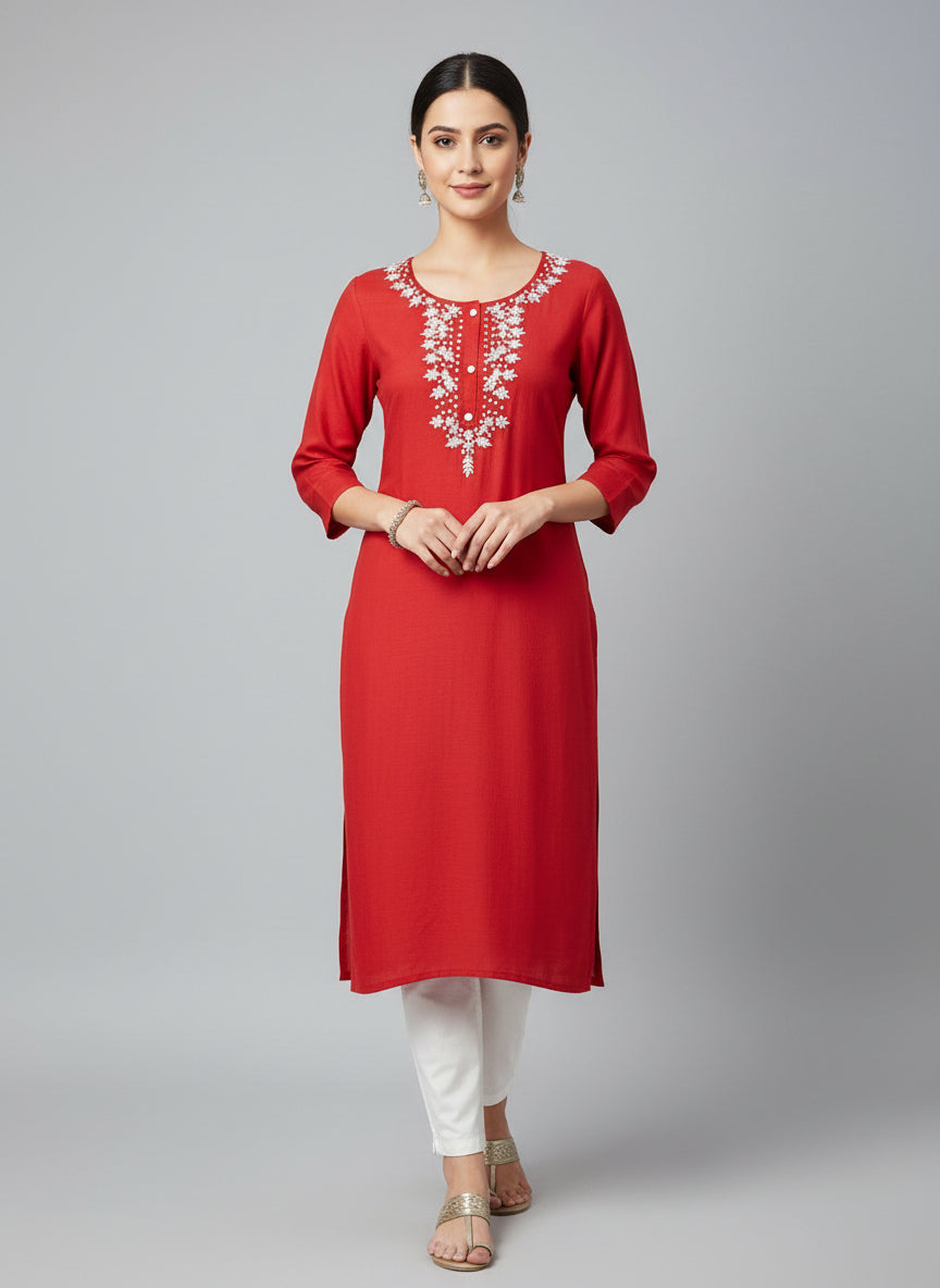 Red Kurti with Pearl Embroidery
