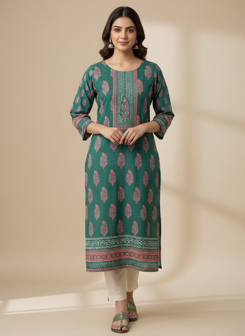 Teal Green Kurti with Stone & Cutdana Neck Work