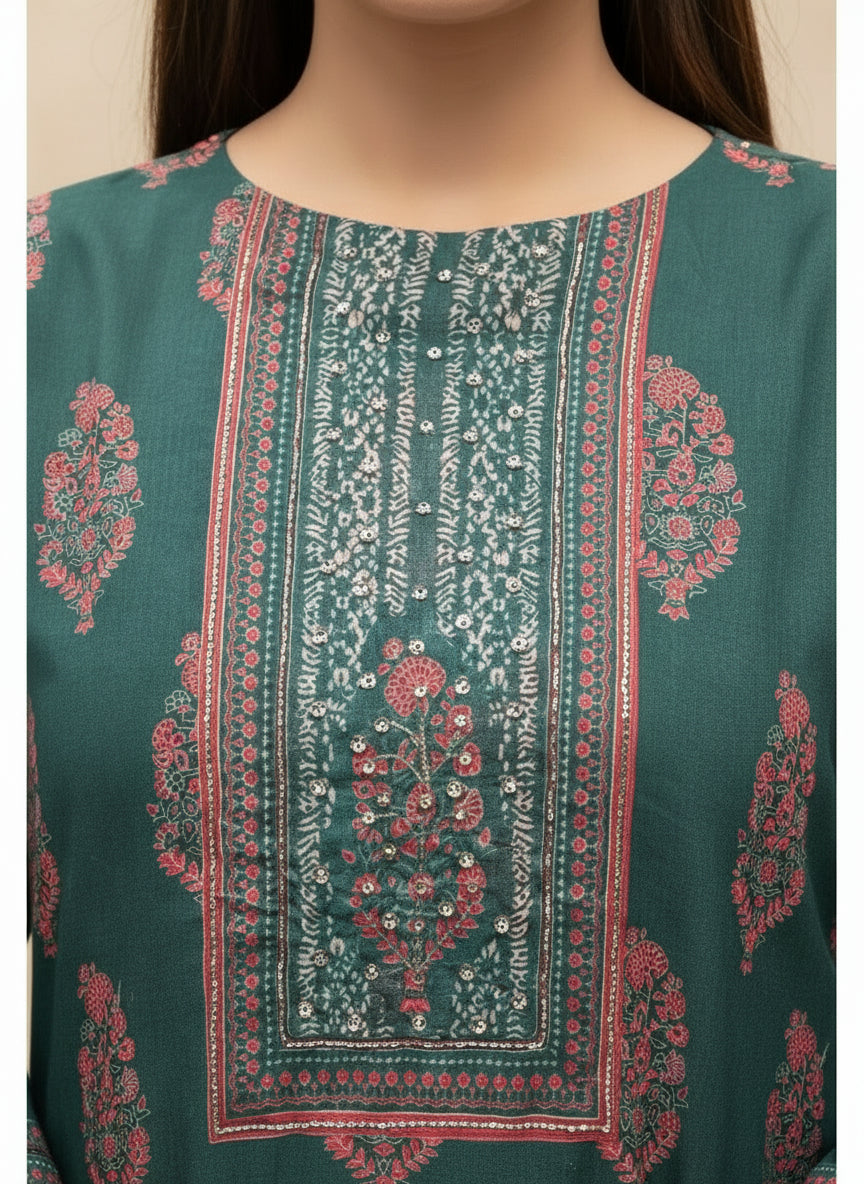Teal Green Kurti with Stone & Cutdana Neck Work