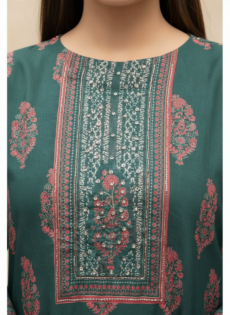 Teal Green Kurti with Stone & Cutdana Neck Work